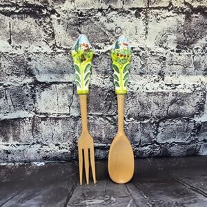 Talavera 11" Salad Fork and Spoon Handpainted Ceramic Handle wooden bottom